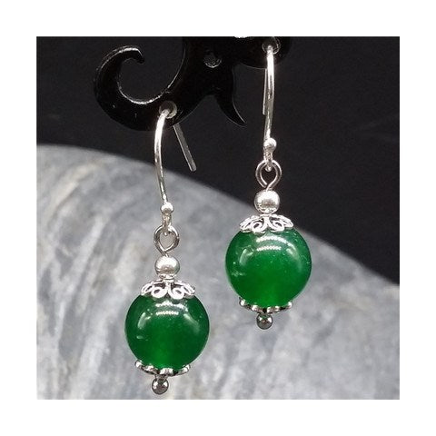 Retro National Style Crystal Green Agate Miao Silver Leaf-shaped Earring Green