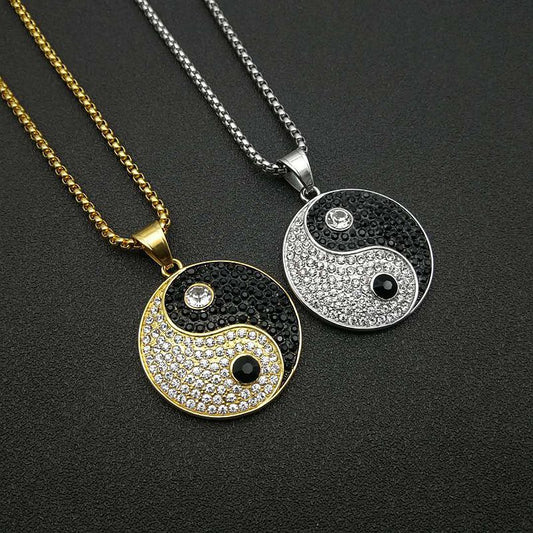 Titanium Steel Black And White Gold-plated Rhinestone Taiji Yin And Yang Pendant Necklace