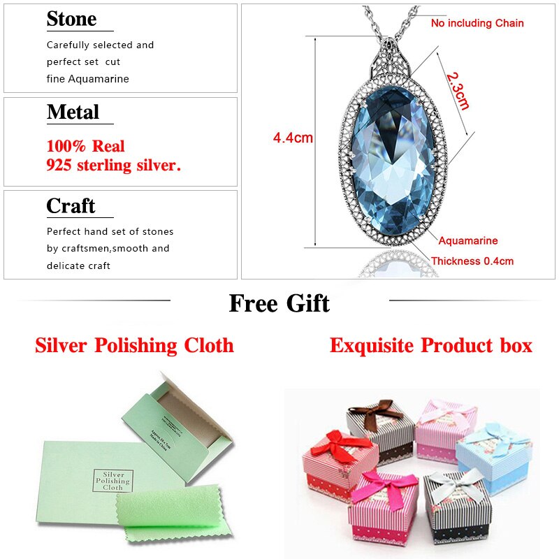 925 Sterling Silver Pendants For Women Vintage Oval Aquamarine Gemstone Pendant Necklace Gothic Style Fine Jewelry New