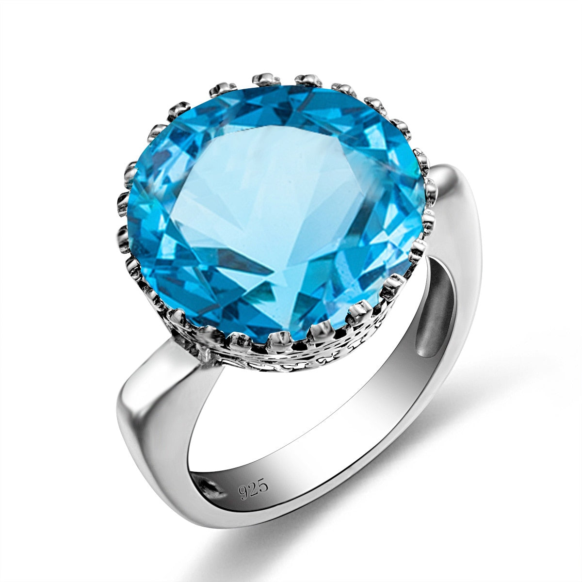 Szjinao Vintage 100% 925 Sterling Silver 15ct Round Created Aquamarine Ring For Women Famous Branded Handmade Fine Jewelery 2021 Blue Topaz