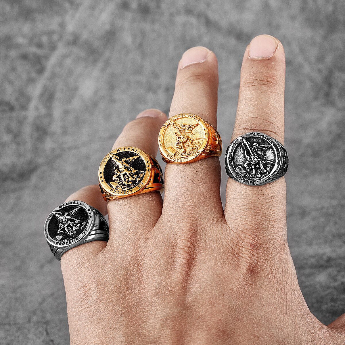 Archangel Saint Michael Exorcism Stainless Steel Mens Rings Punk Amulet for Male Boyfriend Jewelry Creativity Gift