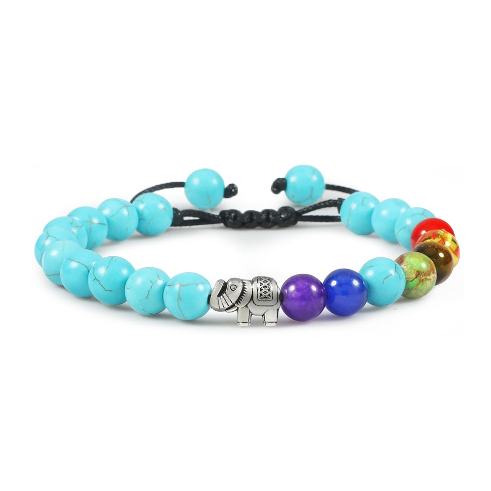 Natural Stone Tiger Eye 7 Chakra Bracelets & Bangles Yoga Balance Beads Buddha Prayer Elastic Bracelet Men pulseira masculina Elephant Blue
