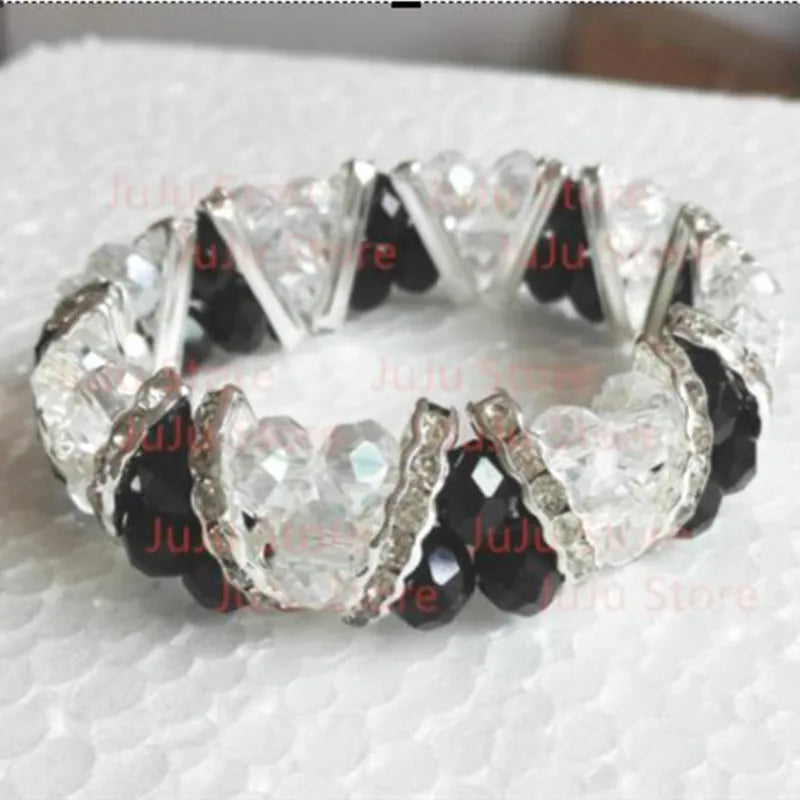Fashion Handmade FACETED CRYSTAL GLASS ELASTIC Women's Beads Jewelry Bracelet gcb1040 white and black