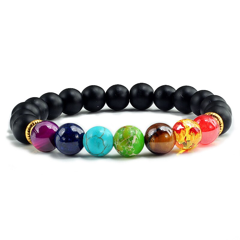 Natural Stone Tiger Eye 7 Chakra Bracelets & Bangles Yoga Balance Beads Buddha Prayer Elastic Bracelet Men pulseira masculina Black Matte 1