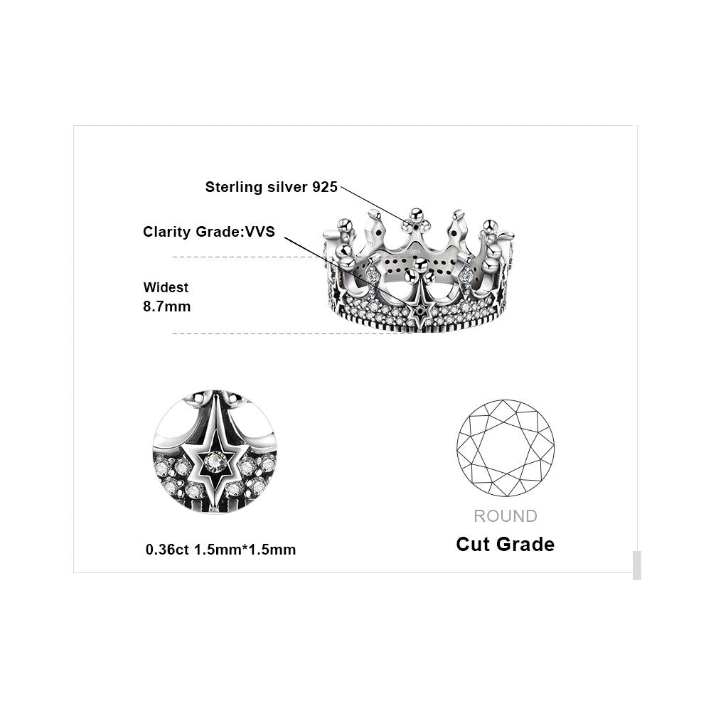 Jewelry Palace Vintage Tiara Crown Solid 925 Sterling Silver Cubic Zirconia Cool Star Punk Band Rings for Women Fashion Jewelry