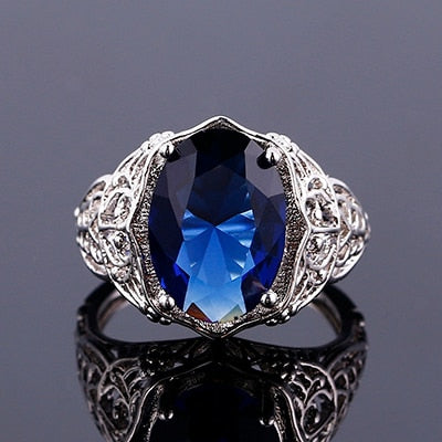 Luxury 100% 925 Sterling Silver Jewelry Rings for Women Party Wedding Engagement Acessories 10X14MM Big Topaz Gemstone Ring Blue