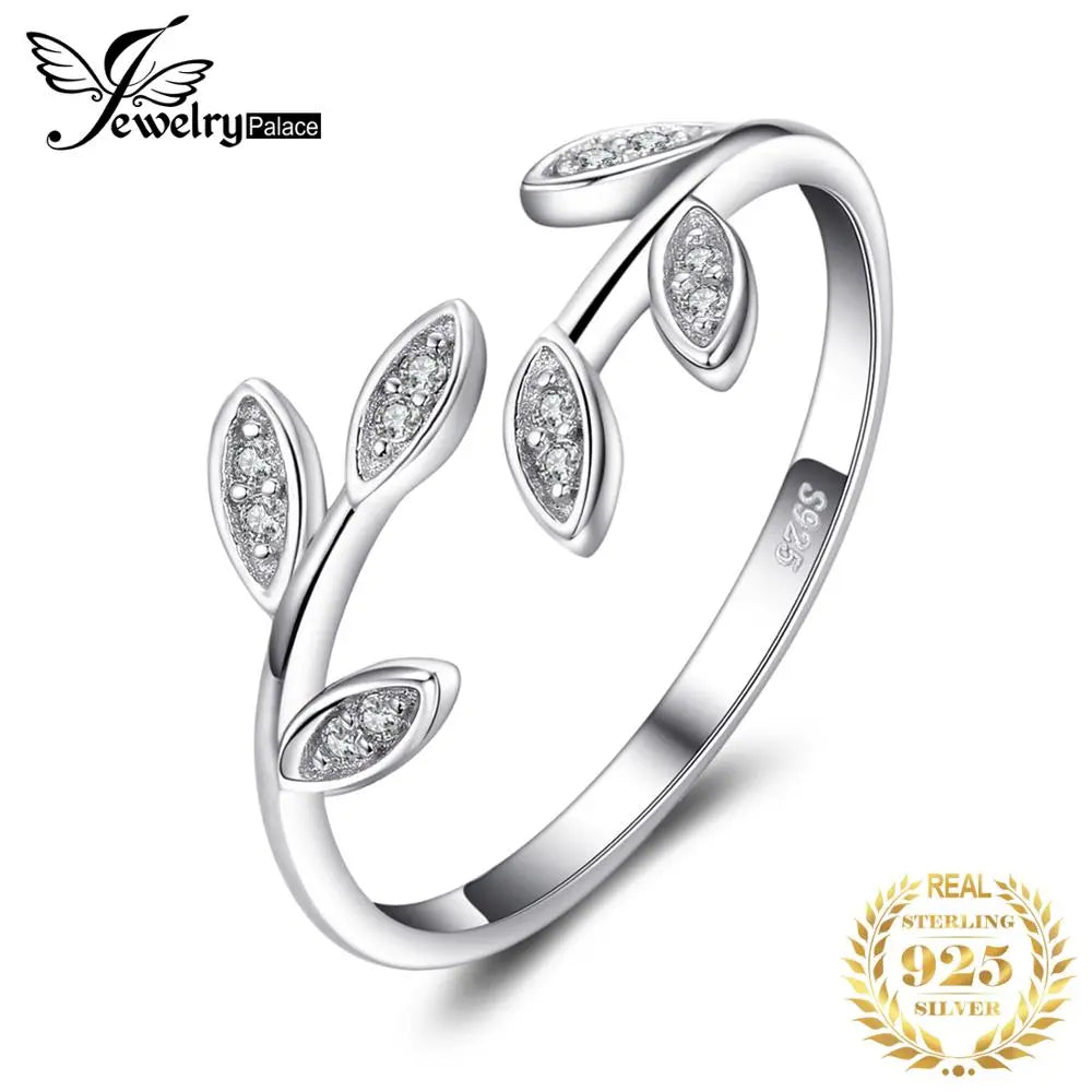 JewelryPalace Olive Leaf Cubic Zirconia 925 Sterling Silver Open Adjustable Ring Cuff for Women Yellow Gold Rose Gold Plated