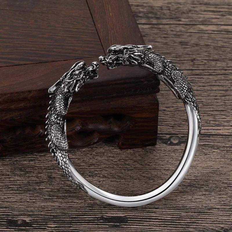 Punk Heavy Metal Carved Dragon Bracelet Charm Men's Wide Bracelet Gothic Motorcycle Rider Rock Party Jewelry Gift AL4066-Silver