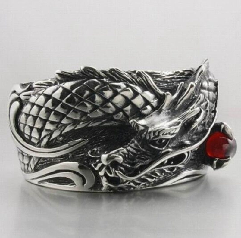 Punk Heavy Metal Carved Dragon Bracelet Charm Men's Wide Bracelet Gothic Motorcycle Rider Rock Party Jewelry Gift A6564-Red
