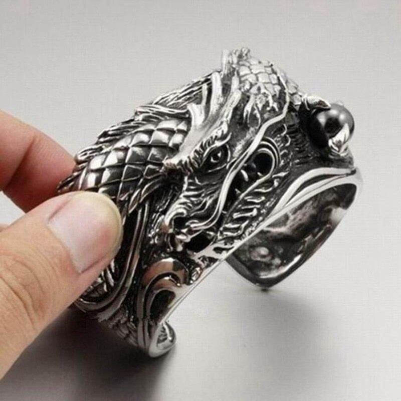 Punk Heavy Metal Carved Dragon Bracelet Charm Men's Wide Bracelet Gothic Motorcycle Rider Rock Party Jewelry Gift
