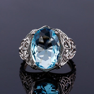 Luxury 100% 925 Sterling Silver Jewelry Rings for Women Party Wedding Engagement Acessories 10X14MM Big Topaz Gemstone Ring Sea Blue