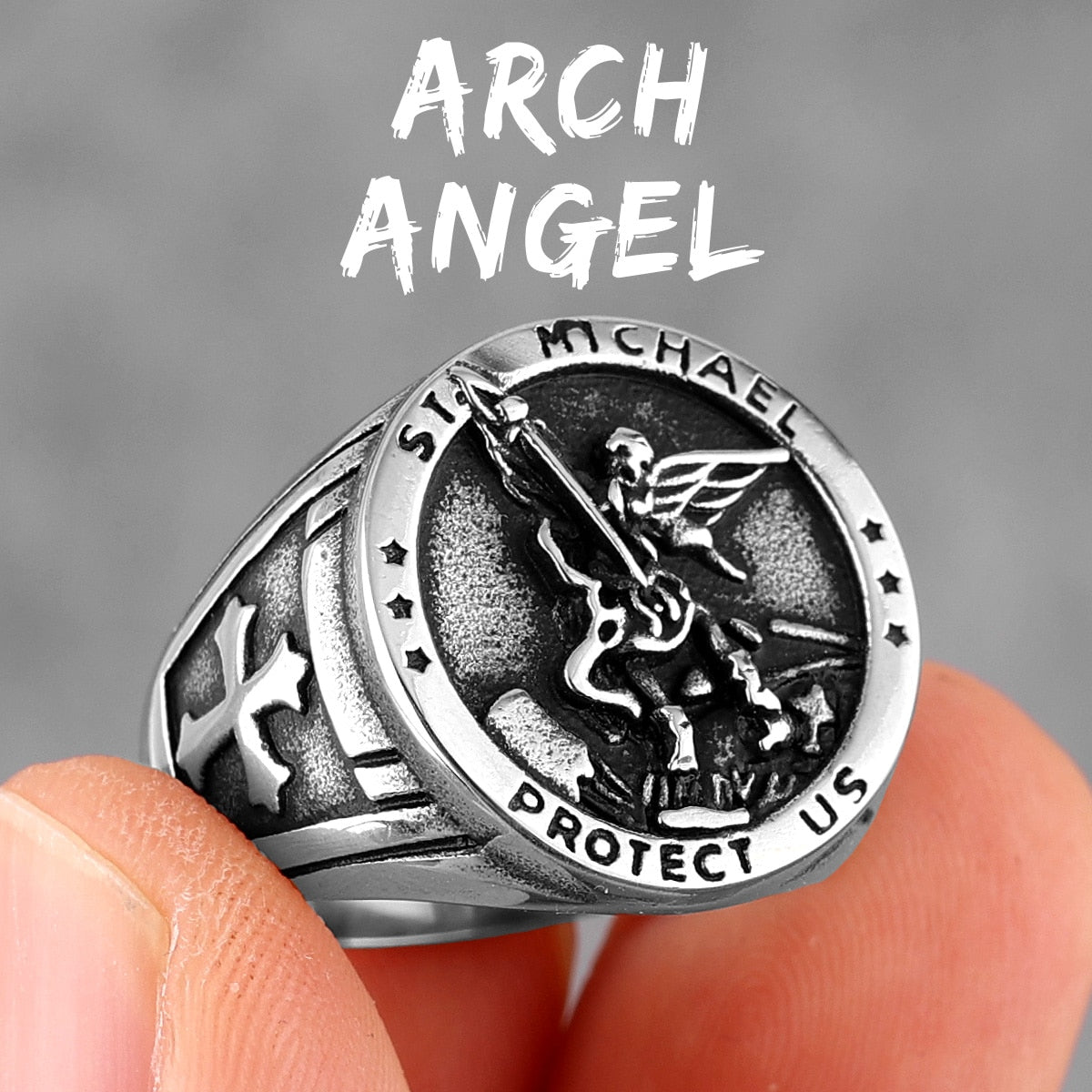 Archangel Saint Michael Exorcism Stainless Steel Mens Rings Punk Amulet for Male Boyfriend Jewelry Creativity Gift R704-Silver A