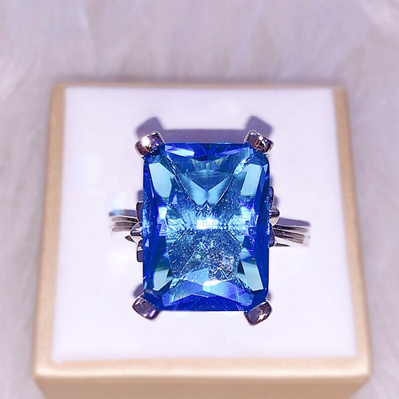 Cellacity Simple Luxury Geometry Sapphire Ring for Women Gorgeous Silver 925 Jewelry with Rectangular Gemstones Leaf Wedding Blue
