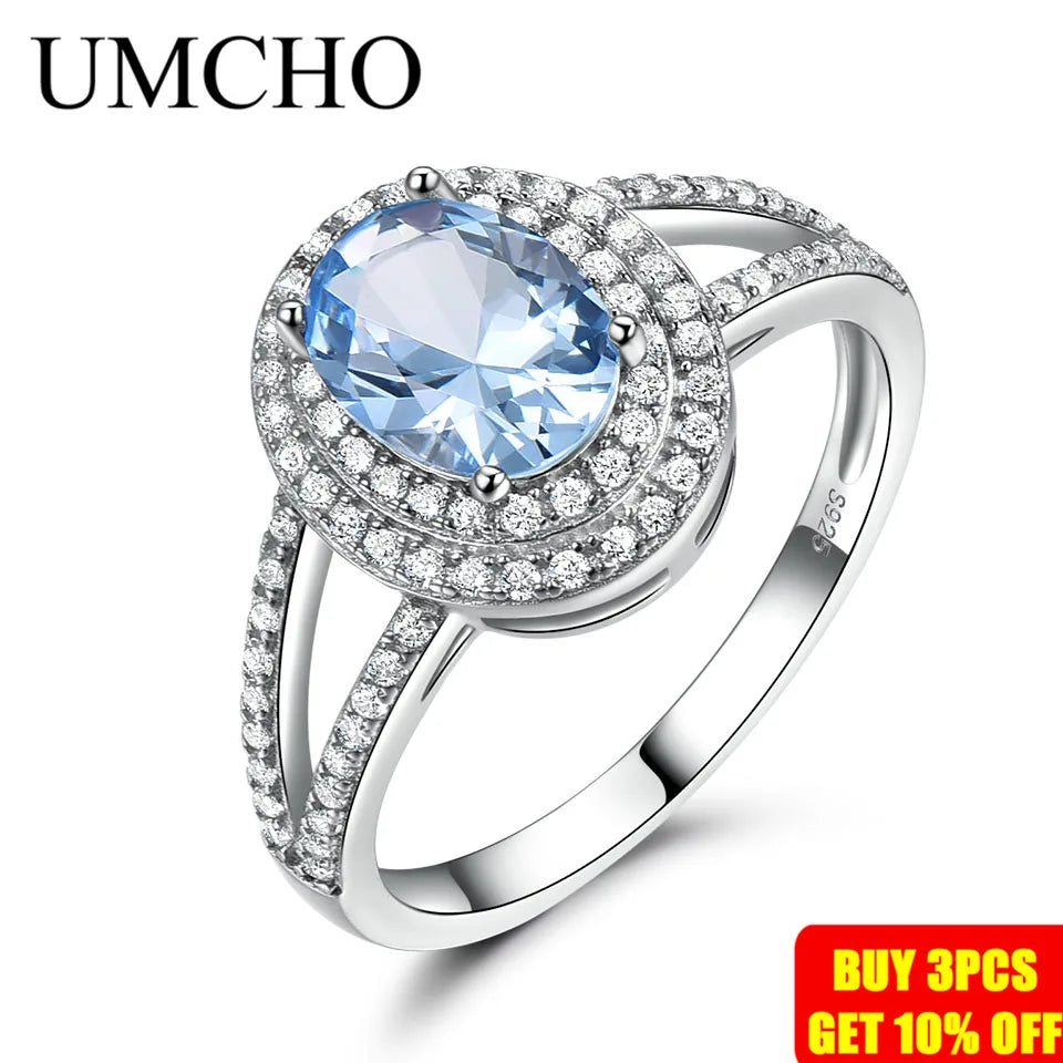 UMCHO Genuine 925 Sterling Silver Rings for Women Luxury Blue Topaz Gemstone Ring Engagement Party Cocktail Custom Jewelry