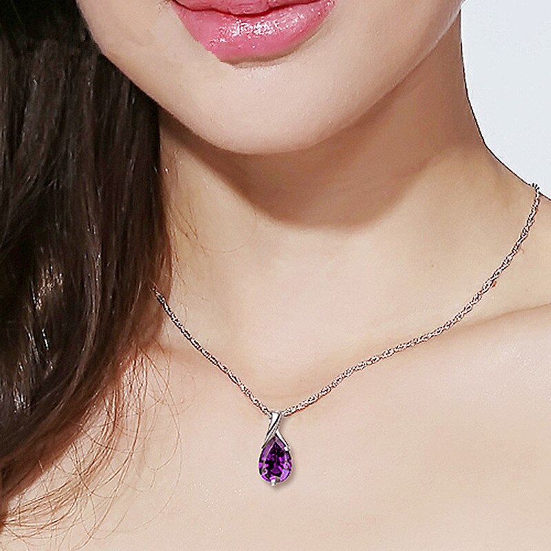 Buyee 925 Sterling Silver Big Stone Pendant Chain Light Natural Amethyst Necklace for Woman Girl Excellent Jewelry Chain 45cm