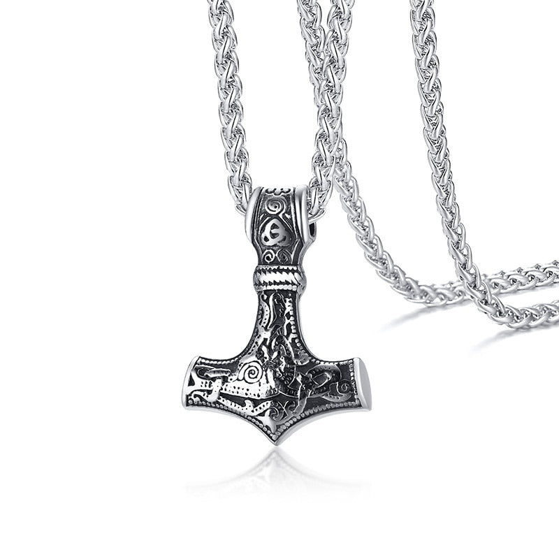 Vnox Vintage Men Norse Viking Necklaces,Rock Punk Retro Thor Mjolnir Hammer Pendant,Scandinavian Nodic Amulet Rune Neck Jewelry Big Silver PN-1332S