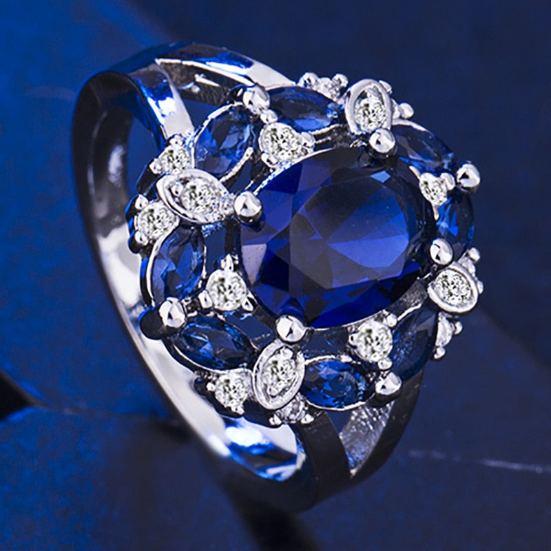 Cellacity Silver 925 ring for charm female luxury designer ruby finger ring Sapphire Aquamarine women fine Jewelry Size 6-10 Dark blue