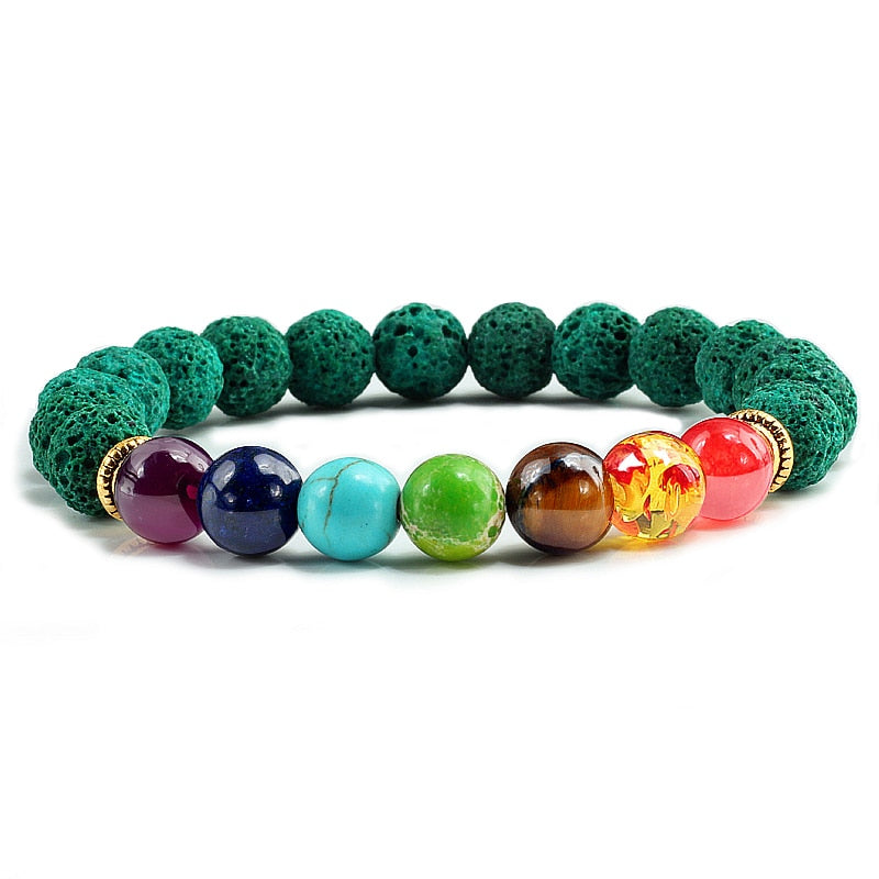 Natural Stone Tiger Eye 7 Chakra Bracelets & Bangles Yoga Balance Beads Buddha Prayer Elastic Bracelet Men pulseira masculina Green Lava