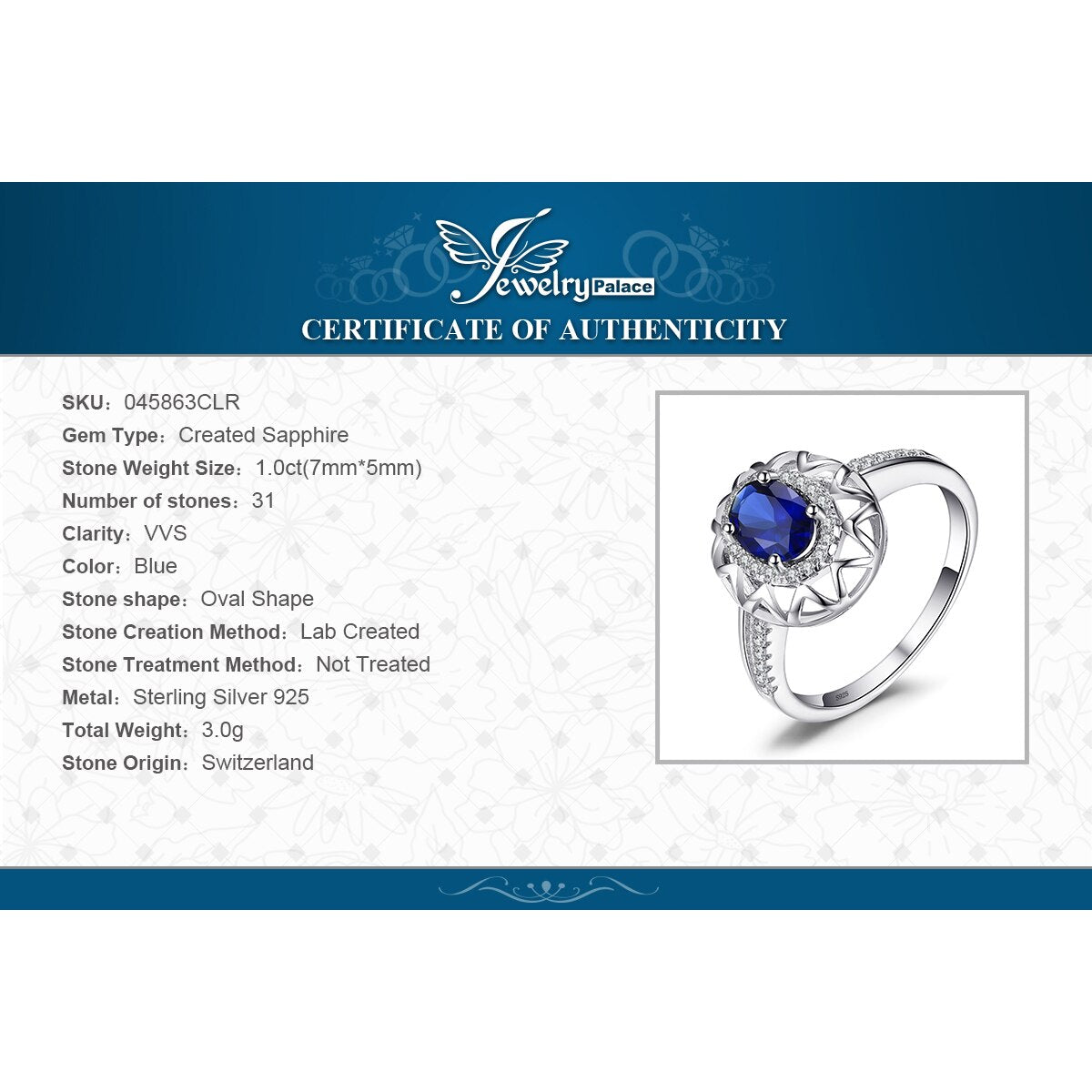 JewelryPalace Created Blue Sapphire 925 Sterling Silver Rings for Women Fashion Statement Gemstone Jewelry Halo Engagement Ring