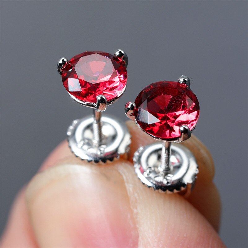 3 Claw Round Rose Red Crystal Zircon Stud Earrings For Women 925 Sterling Silver Lab Ruby Screw Back Earrings Birthstone Jewelry
