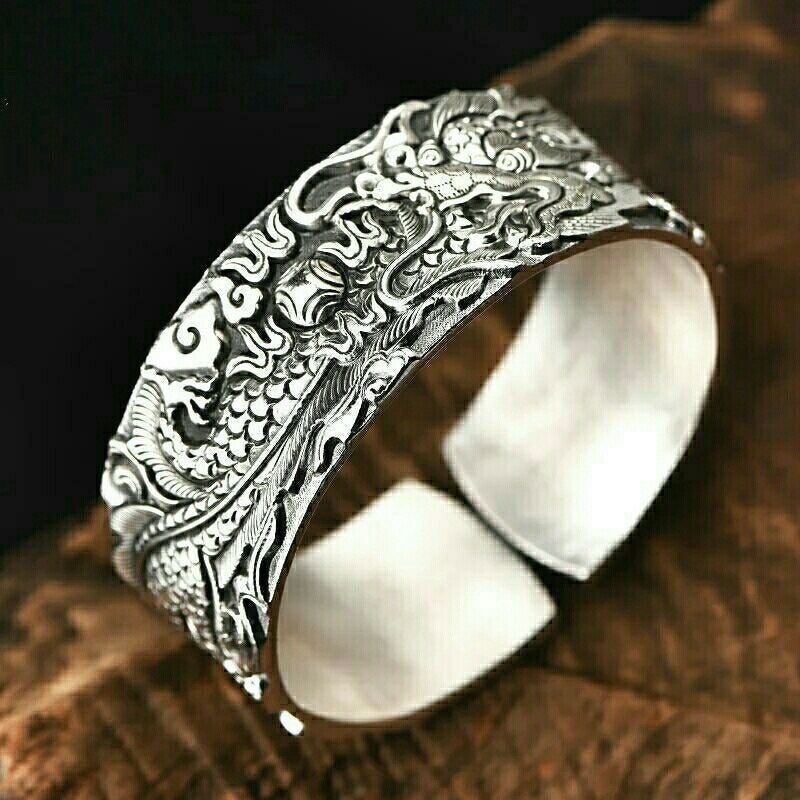 Punk Heavy Metal Carved Dragon Bracelet Charm Men's Wide Bracelet Gothic Motorcycle Rider Rock Party Jewelry Gift AL4048-Silver