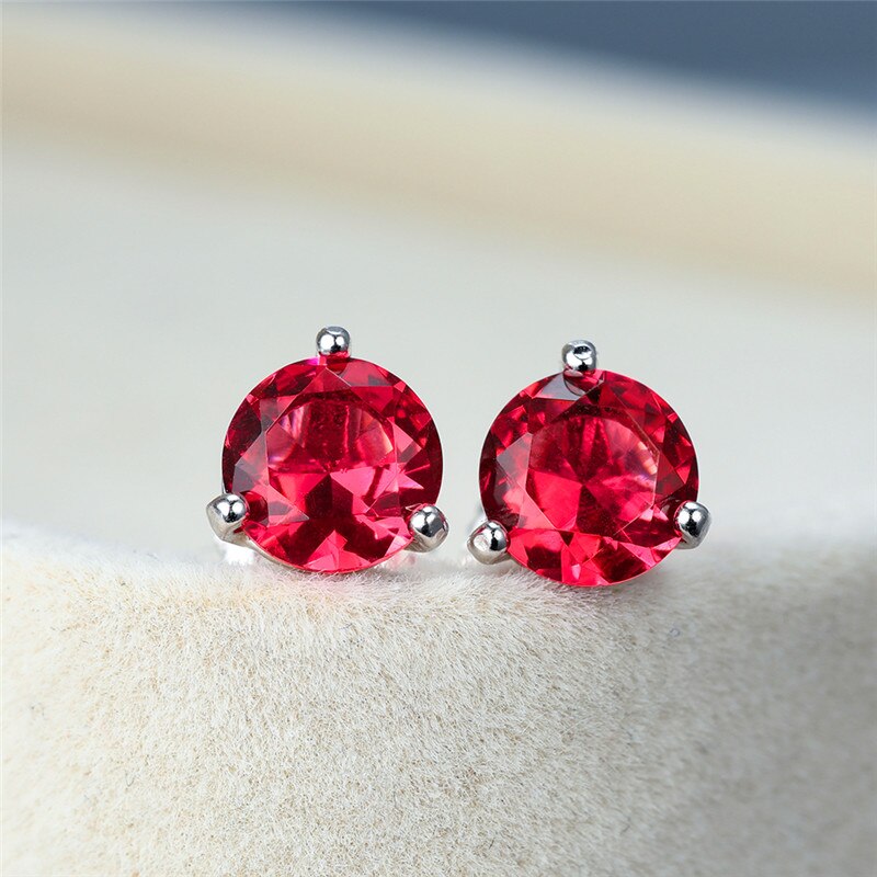 3 Claw Round Rose Red Crystal Zircon Stud Earrings For Women 925 Sterling Silver Lab Ruby Screw Back Earrings Birthstone Jewelry