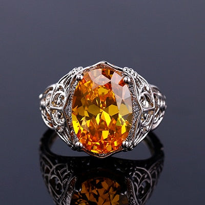 Luxury 100% 925 Sterling Silver Jewelry Rings for Women Party Wedding Engagement Acessories 10X14MM Big Topaz Gemstone Ring Yellow