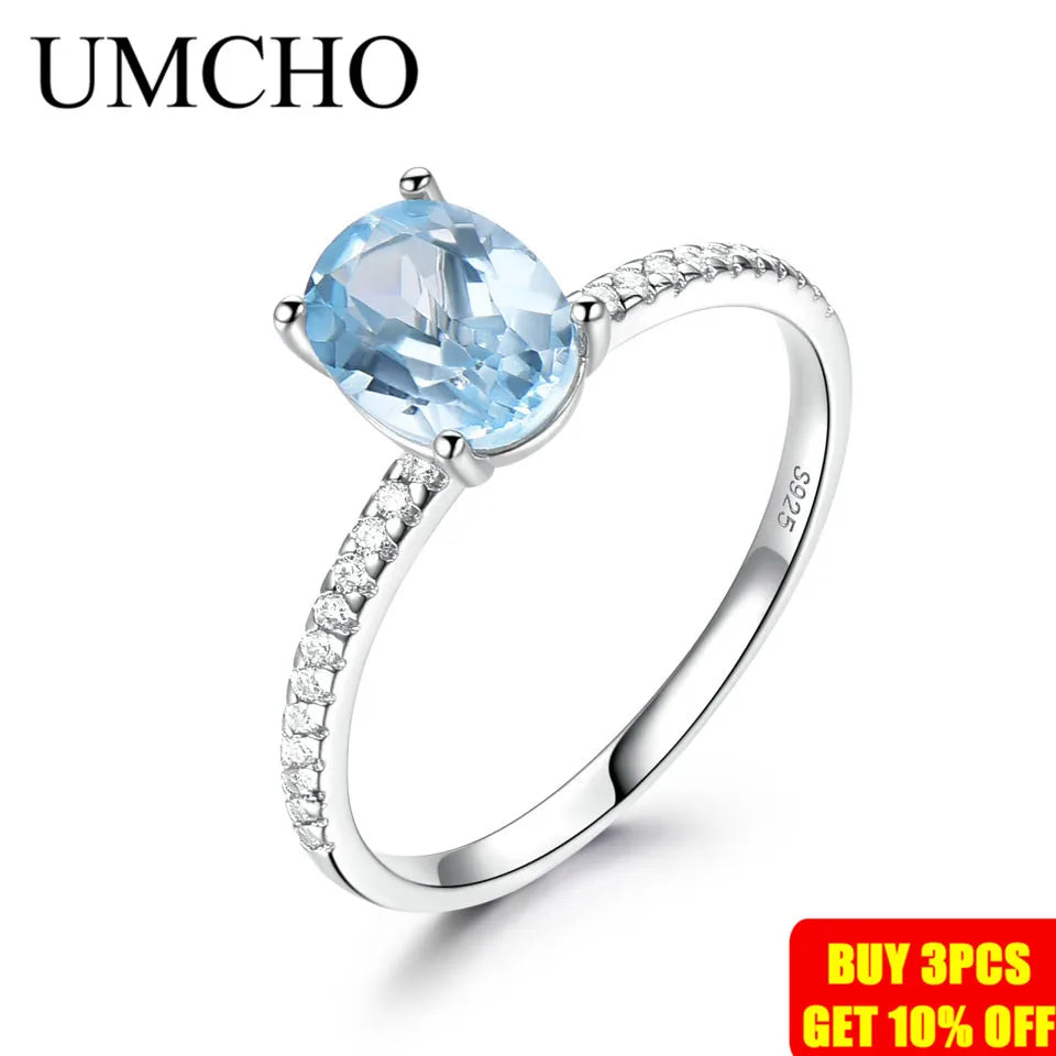UMCHO Genuine 925 Sterling Silver Gemstone Engagement Jewelry for Women Sky Blue Topaz Birthstone Oval Solitaire Stacking Ring