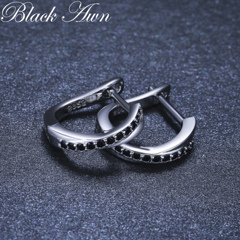 Black Awn Classic Silver Round Black Trendy Spinel Engagement Hoop Earrings for Women Fashion Jewelry Bijoux I197