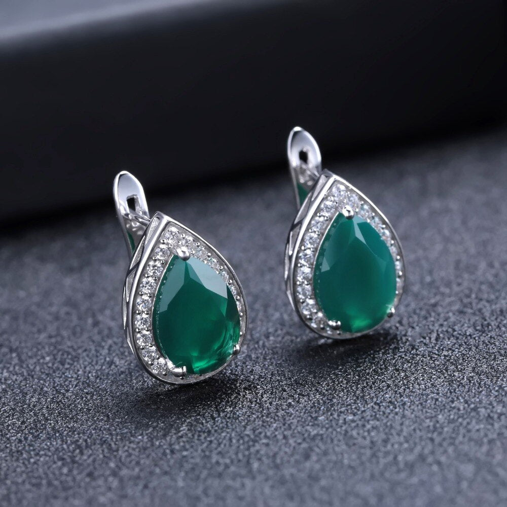 GEM&#39;S BALLET Natural Green Agate Earrings Ring Set Real 925 Sterling Silver Water Drop Vintage Gemstone Jewelry Set For Women