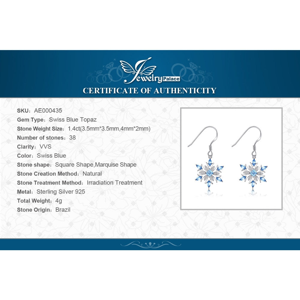 JewelryPalace Snowflake Genuine Blue Topaz 925 Sterling Silver Drop Earrings for Women Gemstone Fine Jewelry Anniversary Gift