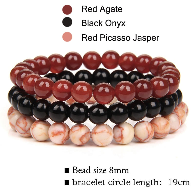 Women Men Bracelets Natural Stone Beads Bracelet Black Onyx Rhodonite Pink Quartzs Beaded Wrist Stackable Mens Bracelets Jewelry Set No.4