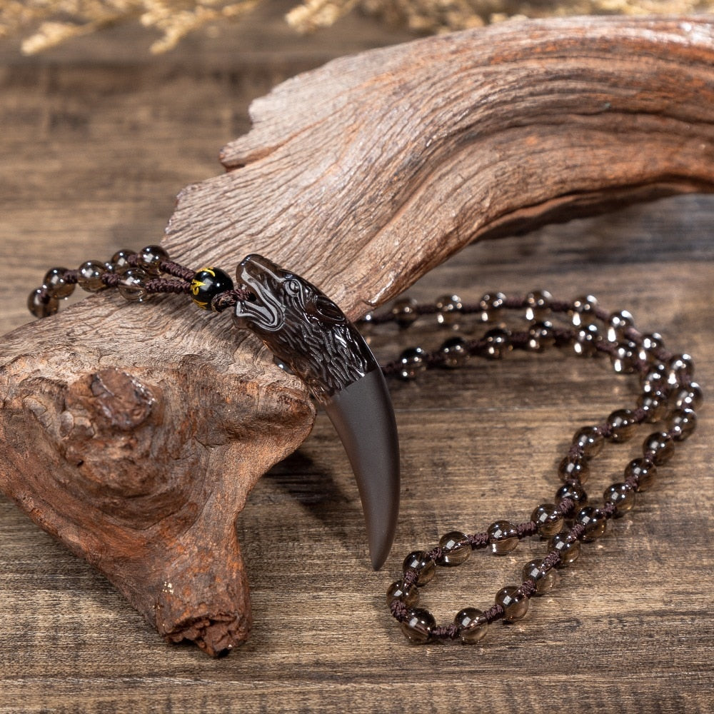 Nature Obsidian Wolf Tooth Pendant Necklaces Lucky Beaded Rope Couple Necklaces Black and Ice Obsidian Amulets Necklaces Jewelry ice obsidian