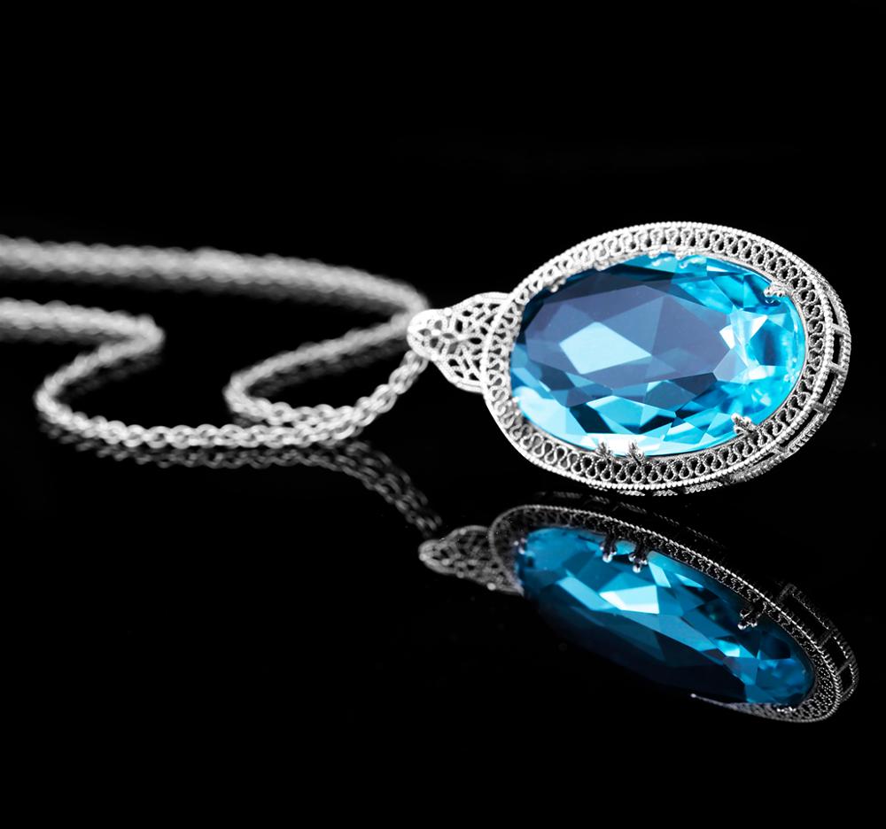 925 Sterling Silver Pendants For Women Vintage Oval Aquamarine Gemstone Pendant Necklace Gothic Style Fine Jewelry New Blue Topaz