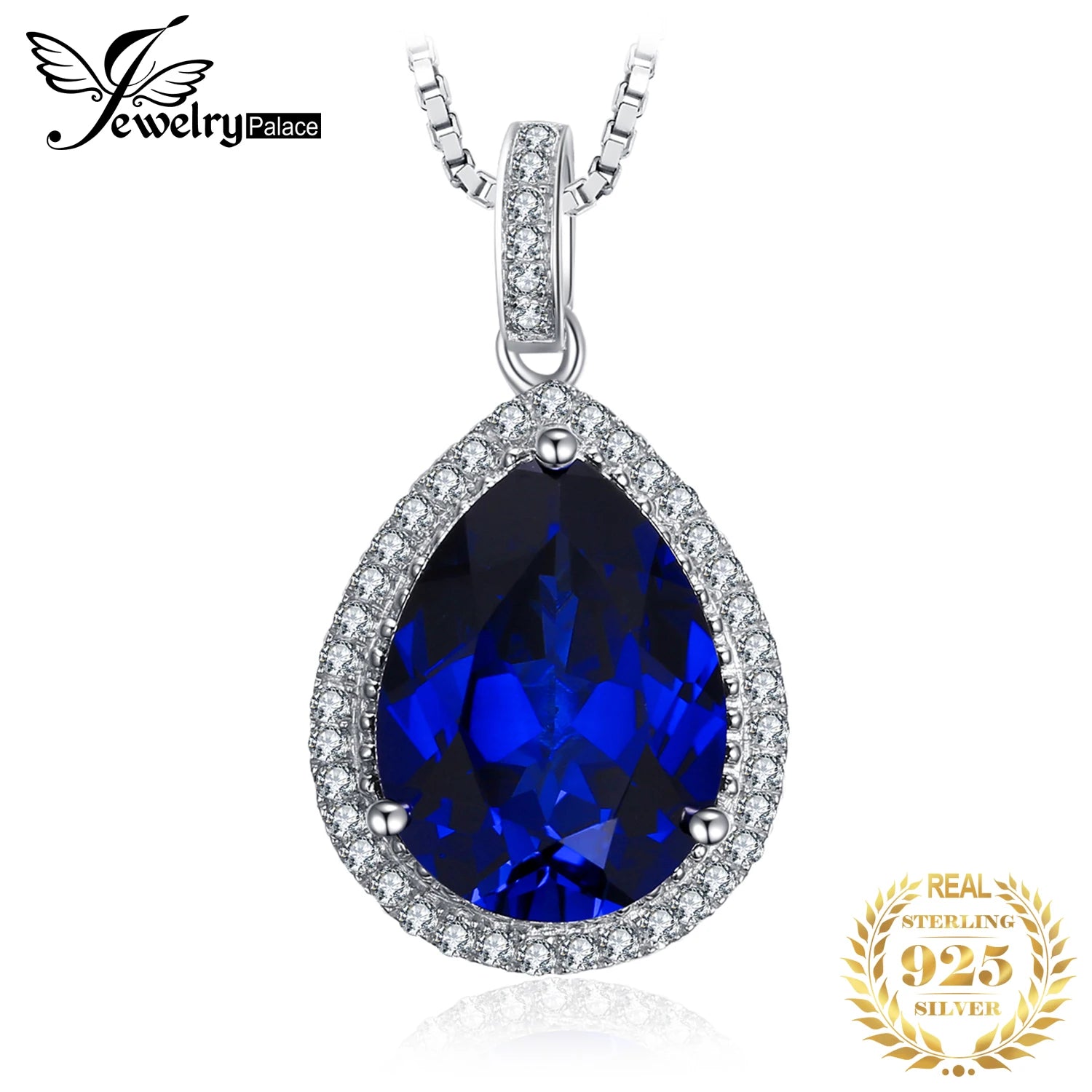 JewelryPalace 12ct Huge Created Blue Sapphire 925 Sterling Silver Pendant Necklace for Women Gemstone Choker Without Chain