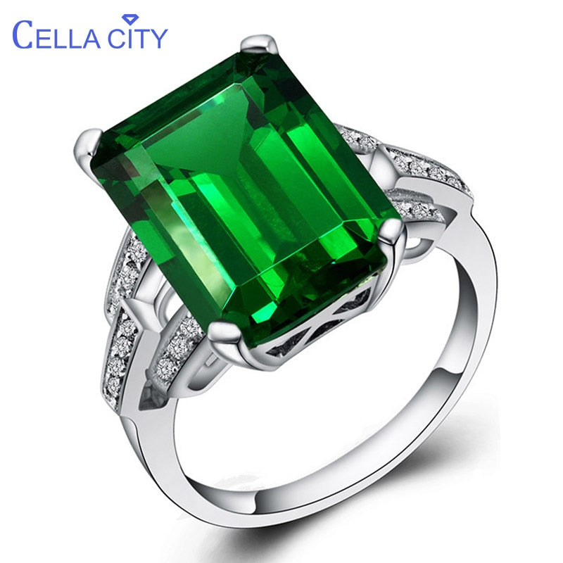 Cellacity Vintage Emerald Ring for Women Silver 925 Big Green Gemstone Finger Jewelry Anniversary Gift Size 6-10 Green