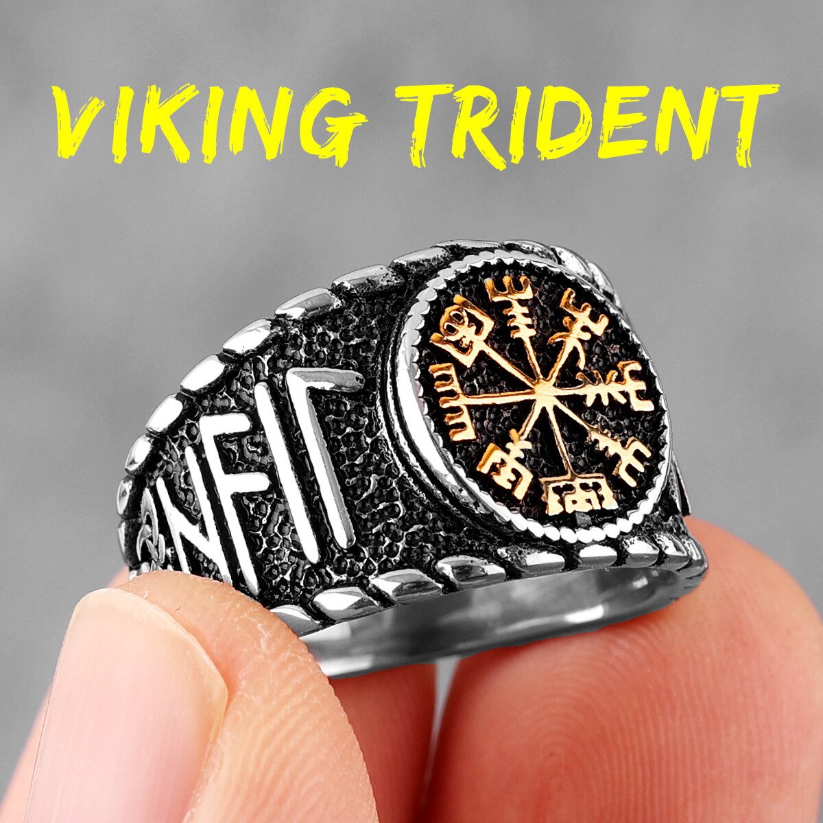 Viking Norse Mythology Odin Stainless Steel Mens Rings Punk Amulet for Male Boyfriend Biker Jewelry Creativity Gift R692-Gold