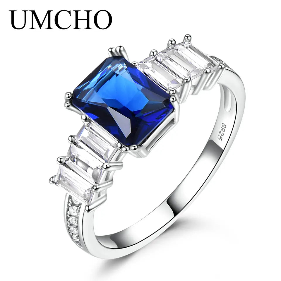 UMCHO Rectangle Gemstone 925 Sterling Silver Rings Romantic Gift For Women Girls Fine Jewelry Bridal Wedding Engagement Rings blue sapphire