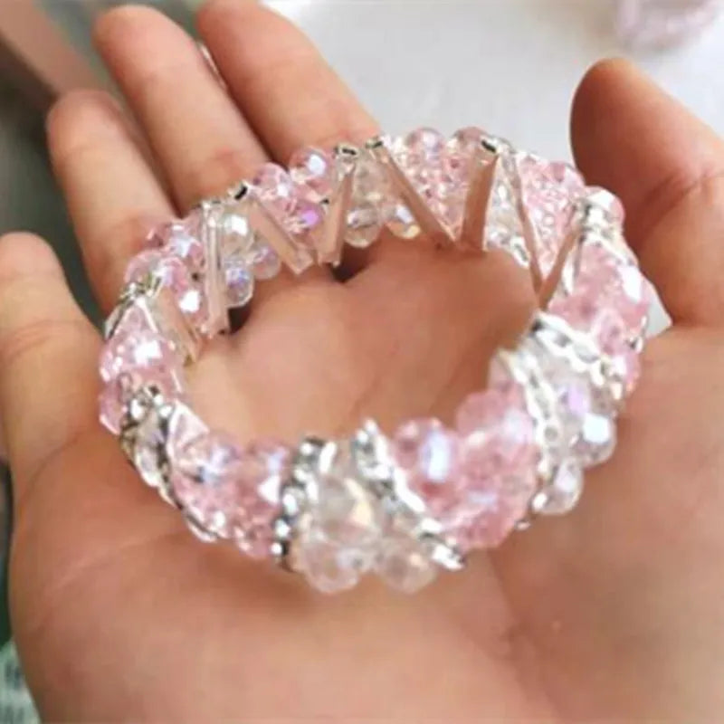 Fashion Handmade FACETED CRYSTAL GLASS ELASTIC Women's Beads Jewelry Bracelet gcb1040 pink and white