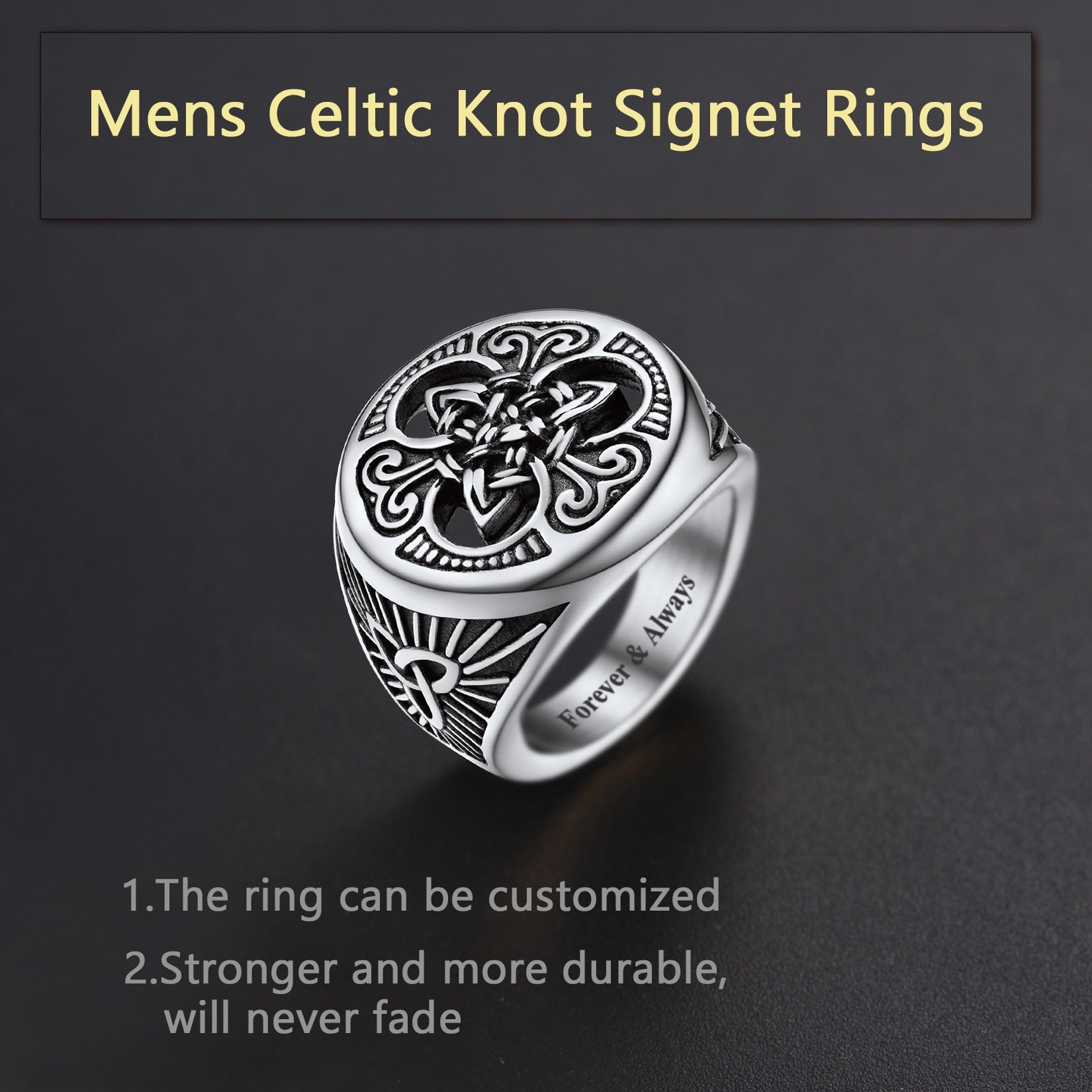 U7 Irish Celtic Knot Ring Antique Black Stainless Steel Triquetra Signet for Men Hip Hop Jewelry Size 7 to 12 R202