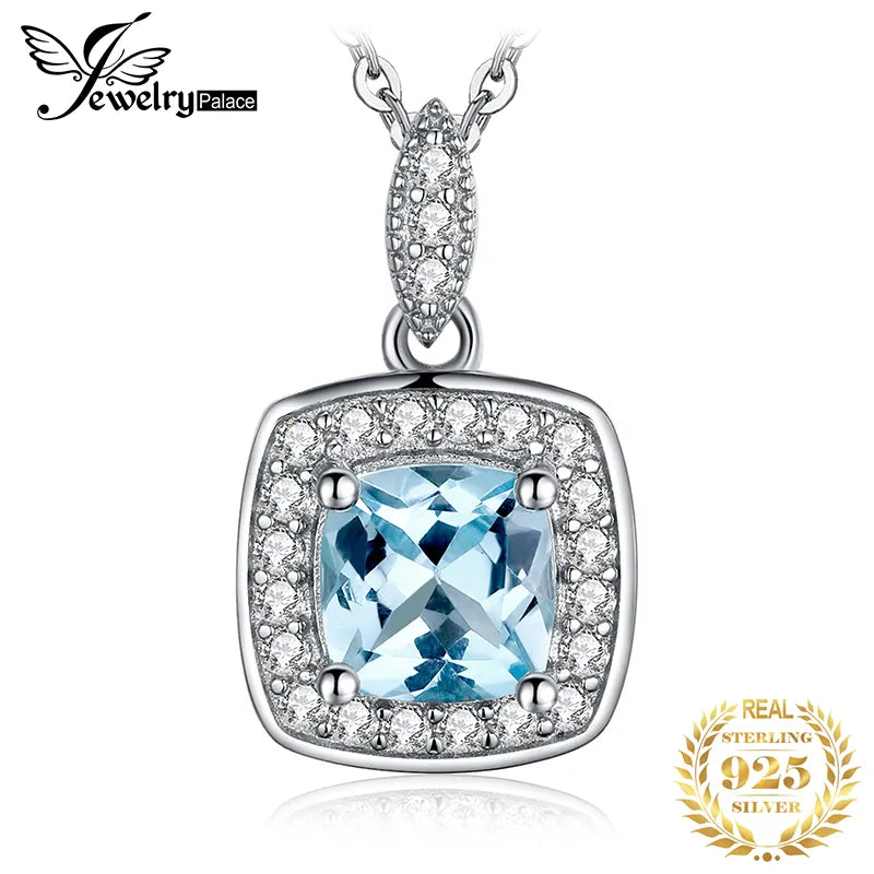 JewelryPalace Natural Sky Blue Topaz 925 Sterling Silver Halo Pendant Necklace for Women No Chain