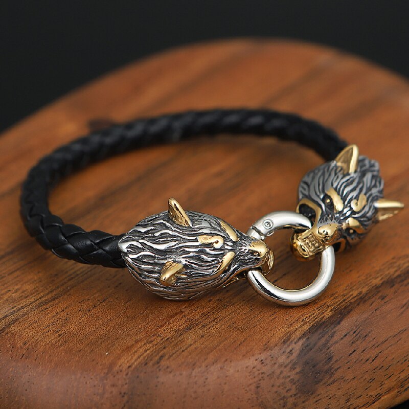 Punk Norse Viking Wolf Head Bracelets Gold Color Stainless Steel Mesh Chain Bangle Antique Black Amulet Male Jewelry Accessories Gold Leather