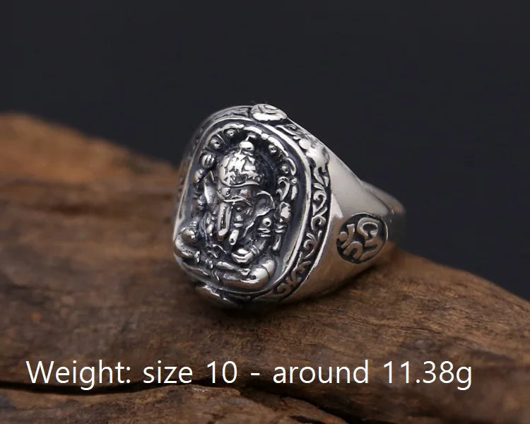 100% 925 Silver Ganesh Buddha OM Ring Elephant Nose Wealth God Ring Good Luck Ring