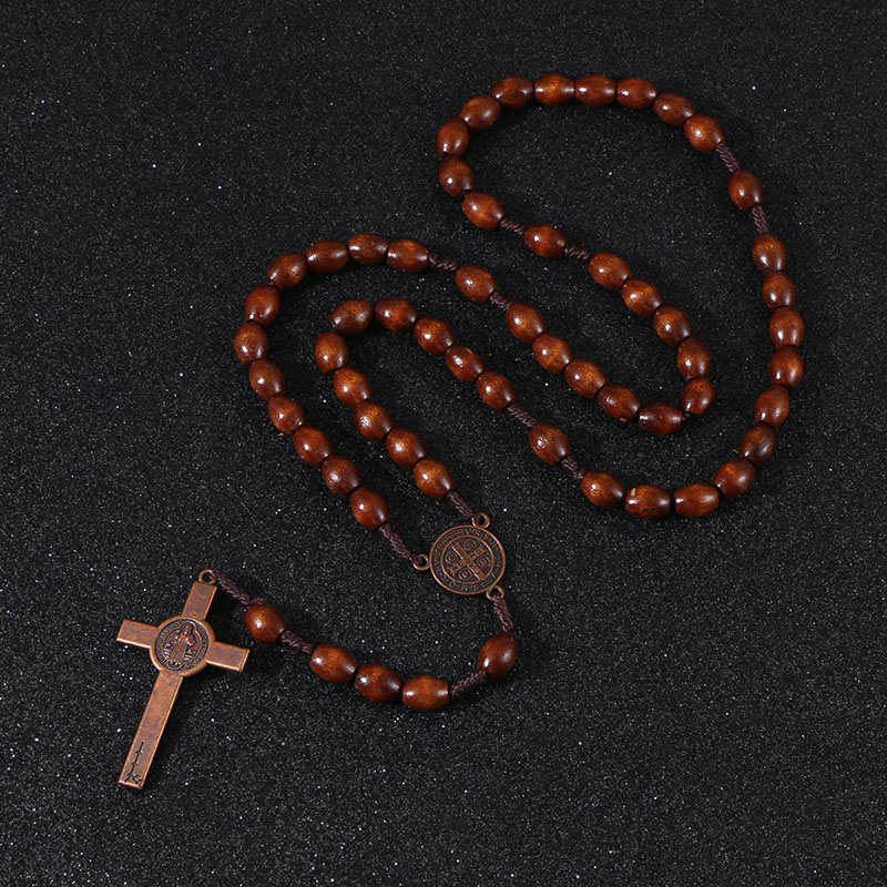 KOMi Christ Jesus Wooden Beads 8mm Rosary Bead Cross Pendant Woven Rope Chain Necklace Religious Orthodox Praying Jewelry R-192 Default Title