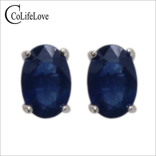 100% genuine sapphire stud earrings 4 mm* 6mm dark blue sapphire gemstone earrings simple 925 silver sapphire earrings for girl Dark Blue
