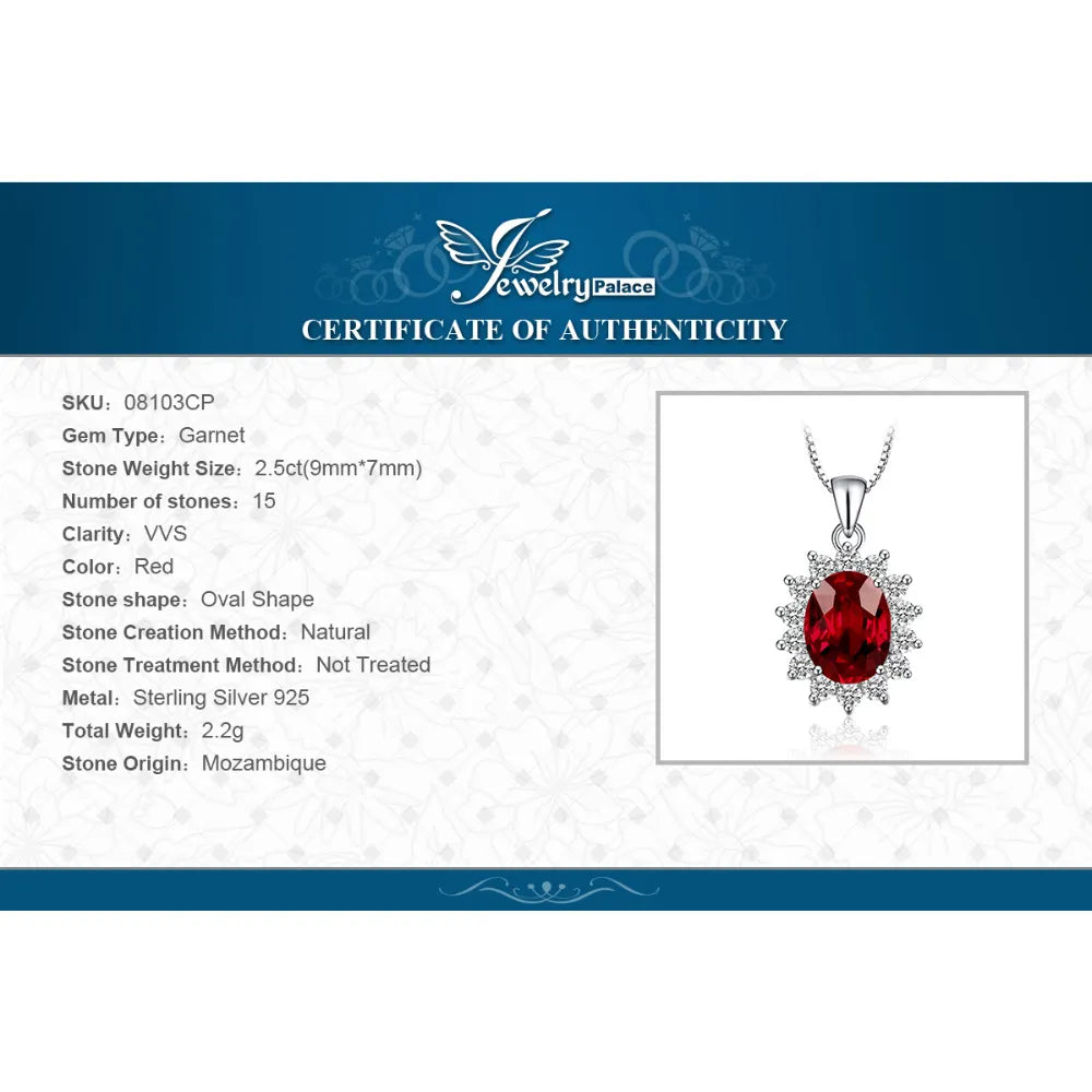 JewelryPalace 2.5ct Diana Natural Red Garnet 925 Sterling Silver Engagement Pendant Necklace for Woman Fashion Gift No Chain