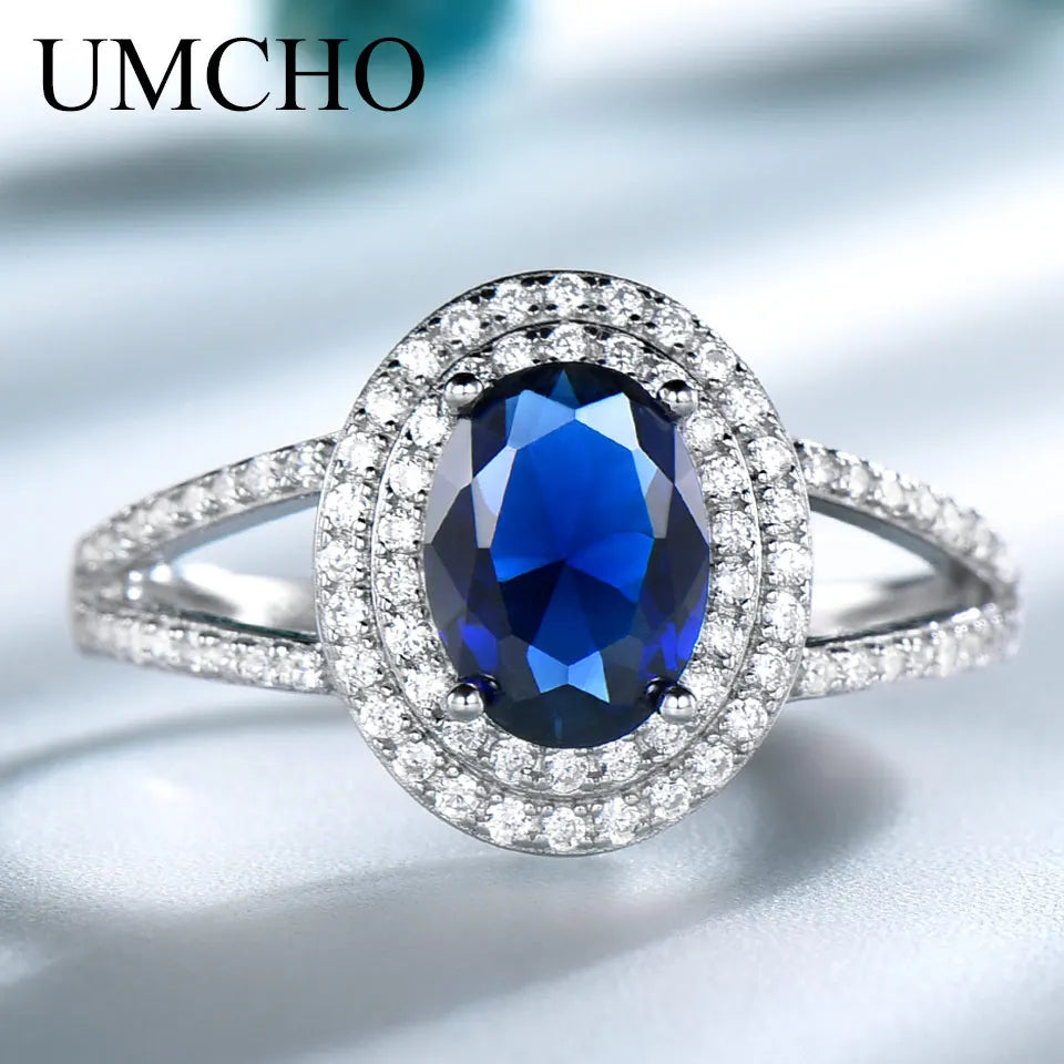 UMCHO Genuine 925 Sterling Silver Rings for Women Luxury Blue Topaz Gemstone Ring Engagement Party Cocktail Custom Jewelry sapphire