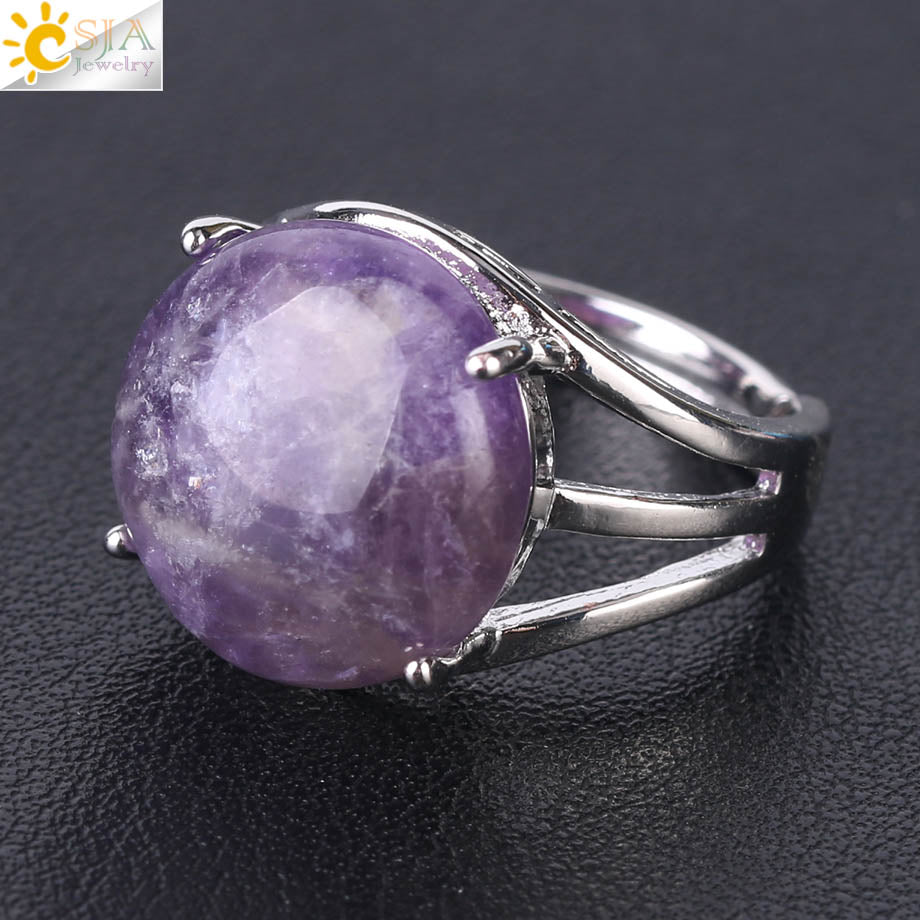 CSJA Crystal Ring for Women Natural Stone Ring Round Beads Finger Rings Amethysts Purple Quartz Silver Color Party Jewelry F476 Amethyst