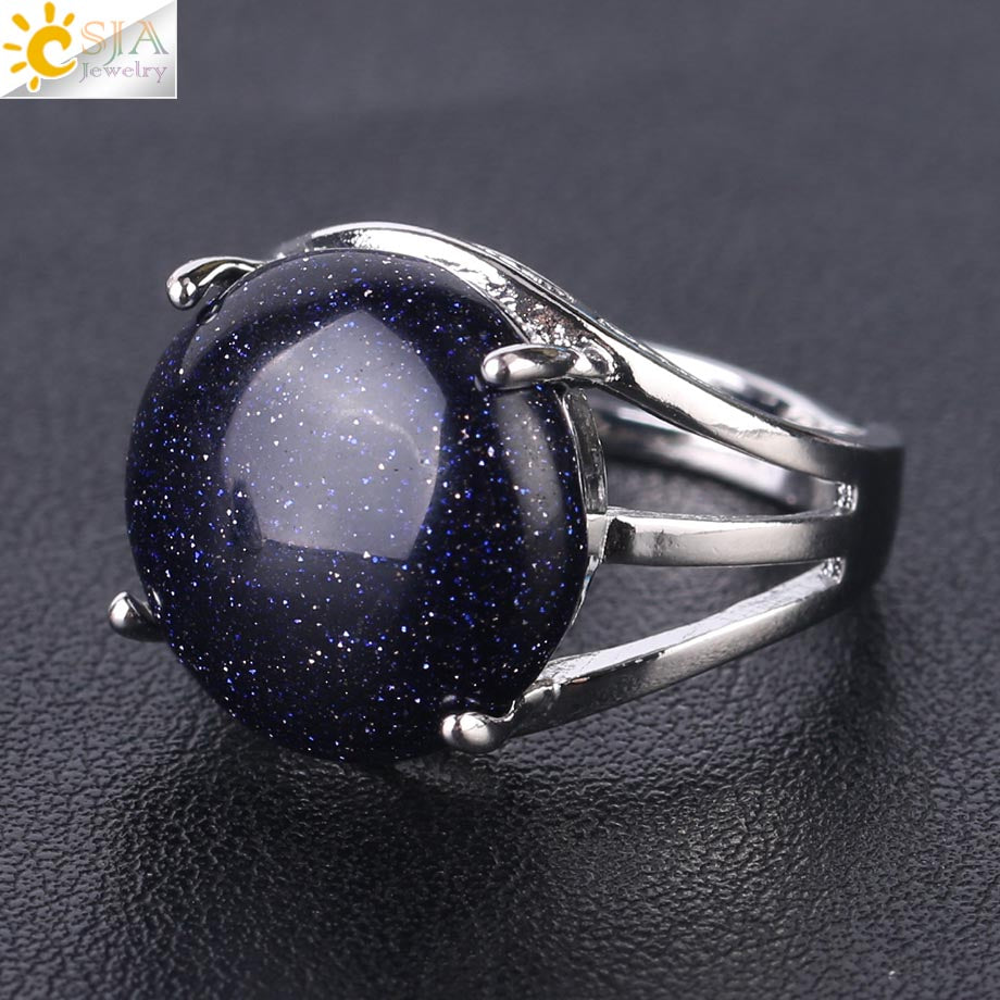 CSJA Crystal Ring for Women Natural Stone Ring Round Beads Finger Rings Amethysts Purple Quartz Silver Color Party Jewelry F476 Blue Sand