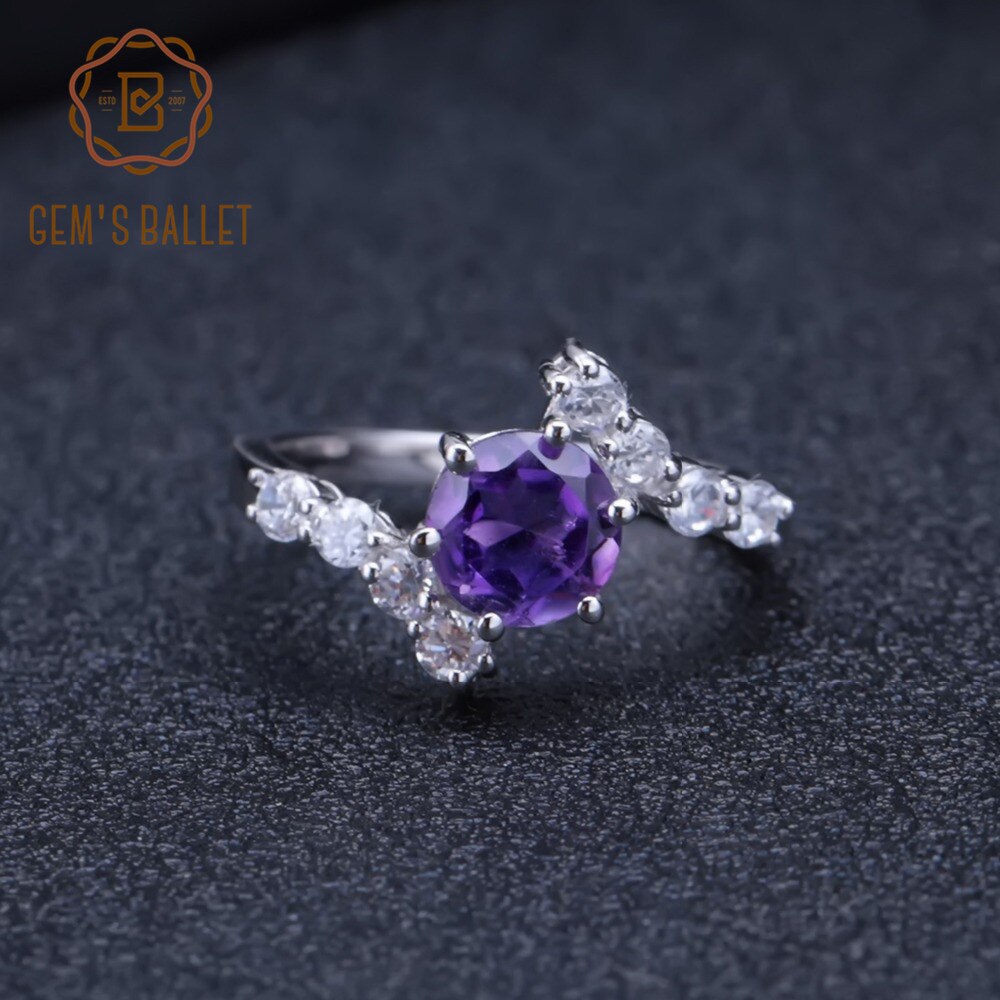 GEM&#39;S BALLET 100% 925 Sterling Silver Engagement Rings 1.35Ct Round Natural Amethyst Gemstone Ring for Women Fine Jewelry